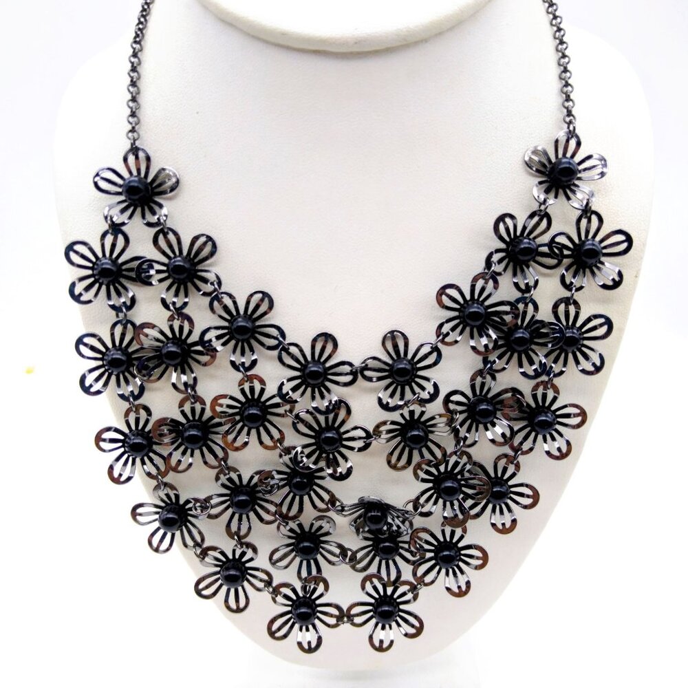Emo Flower Garden Bib Necklace, Lightweight Vintage Floral with Black Bead C